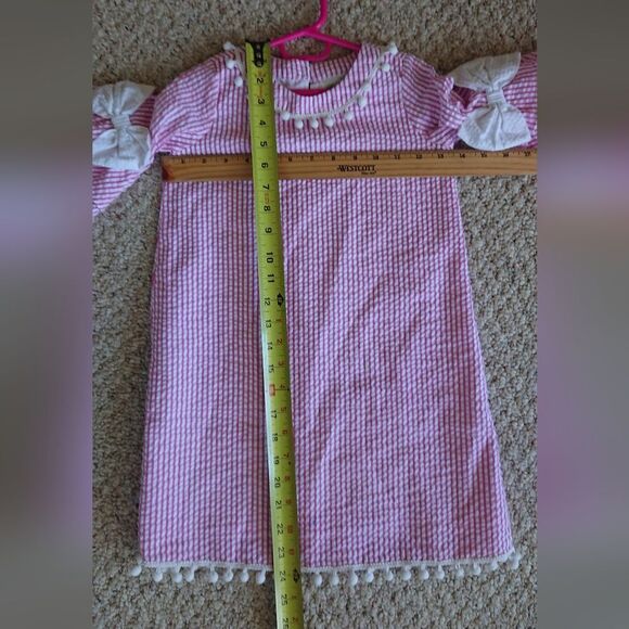 RARE EDITIONS Toddler Girls Pink & White Striped Dress with Pom Pom Trim size 5T - Picture 6 of 10